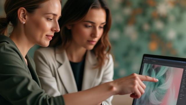 صورة مقربة لموجهة تشرح لمصممة شابة على كمبيوتر محمول مع رسومات زهرية رقمية في الخلفية. إضاءة ناعمة ودافئة.