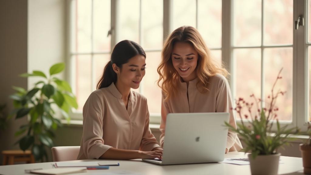 صورة تصميم رقمي لموجهة تشرح لمصممة شابة على كمبيوتر محمول مع رسومات زهرية رقمية في الخلفية. إضاءة ناعمة ودافئة.